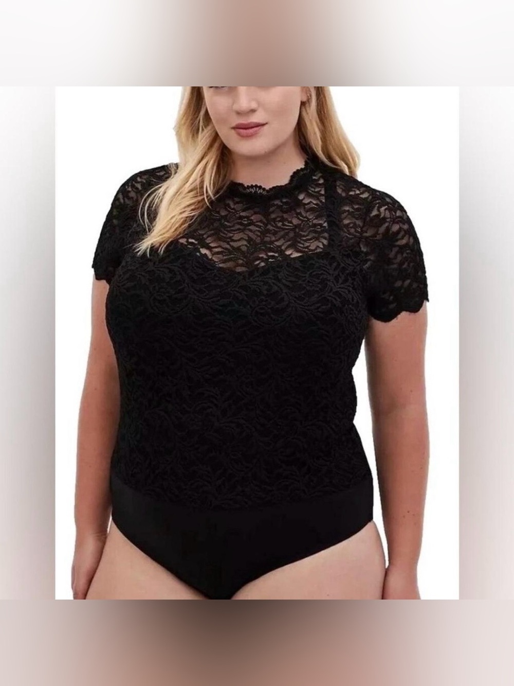 Torrid High Neck Black Lace Short Sleeve Bodysuit size 1 (14/16)